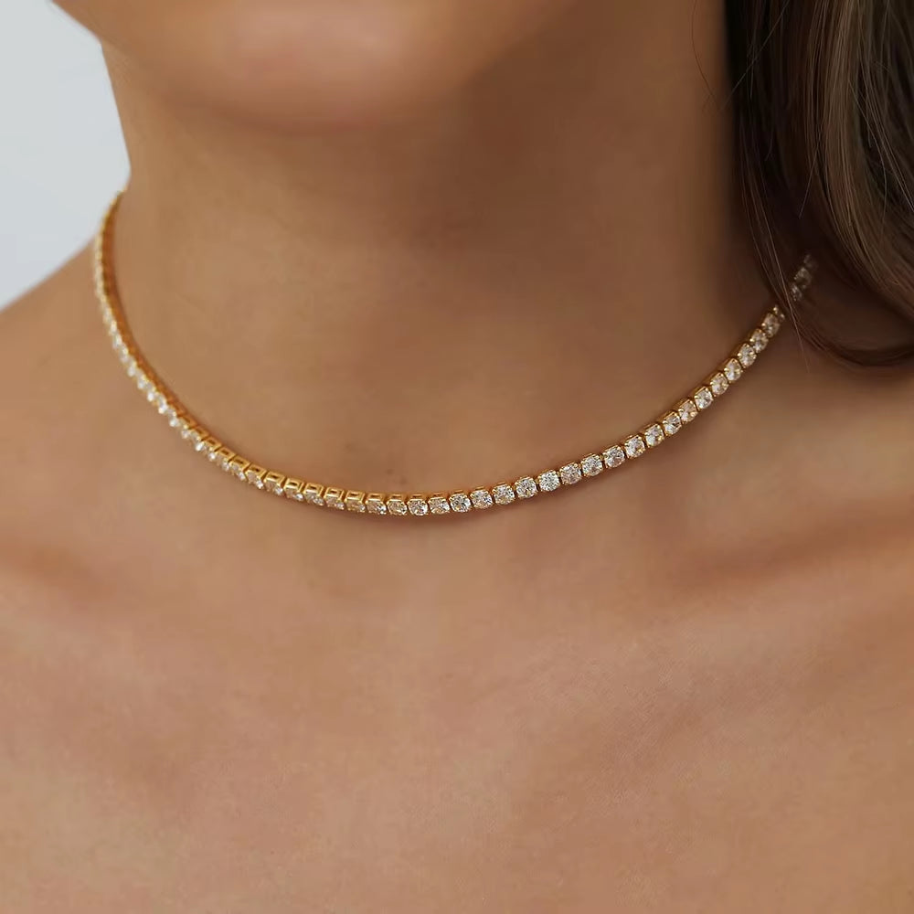 2Mm Moissanite Tennis Necklace for Women S925 Silver Plated 18K Gold Sparking Rhinestone Choker Chain Wedding Jewelry Adjustable