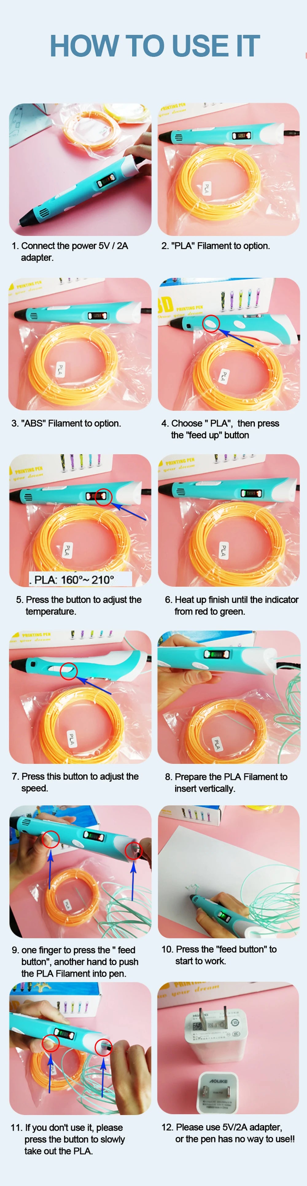 3D Pen 3d Printing Pen Children DIY Drawing Pens PLA Filament Birthday Christmas Boys Girls Gift For Kids With Travel Case