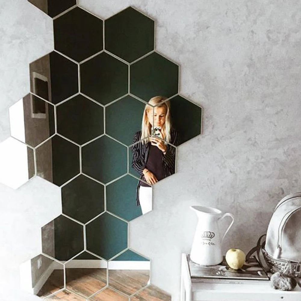 6/12pcs 3D Hexagon Rose Gold Wall Stickers – DIY Mirror Decor for Living Room, Bedroom, or Bathroom