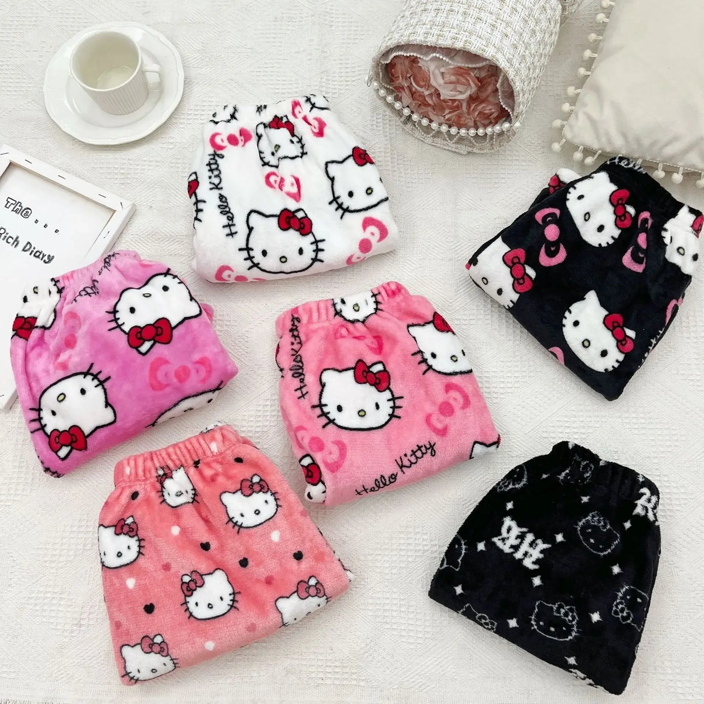 Hello Kitty Y2K Sanrio Pajama Pants – Kawaii Woolen Casual Homewear for Women, Cartoon Halloween Loungewear