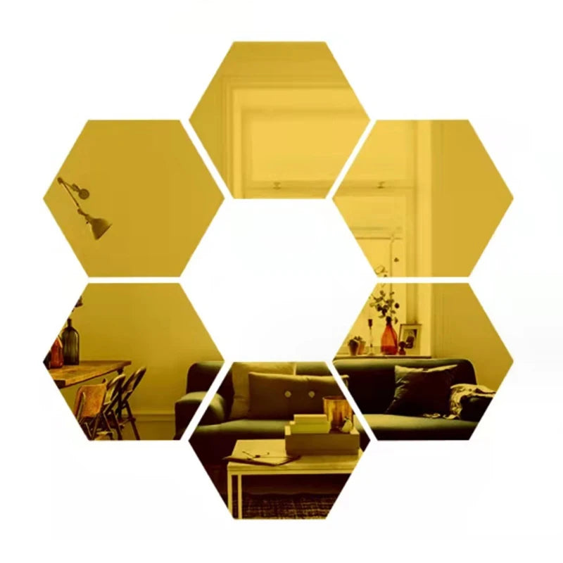 6/12pcs 3D Hexagon Rose Gold Wall Stickers – DIY Mirror Decor for Living Room, Bedroom, or Bathroom