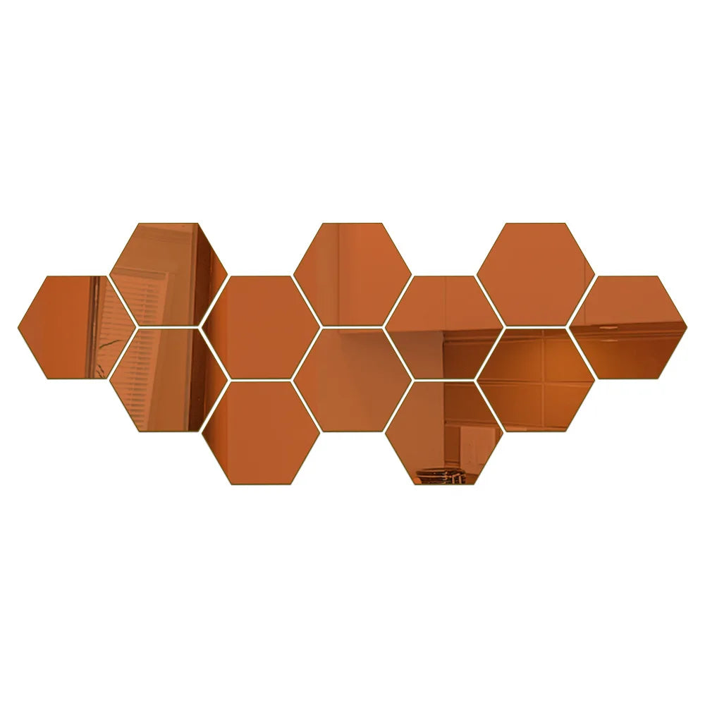 6/12pcs 3D Hexagon Rose Gold Wall Stickers – DIY Mirror Decor for Living Room, Bedroom, or Bathroom