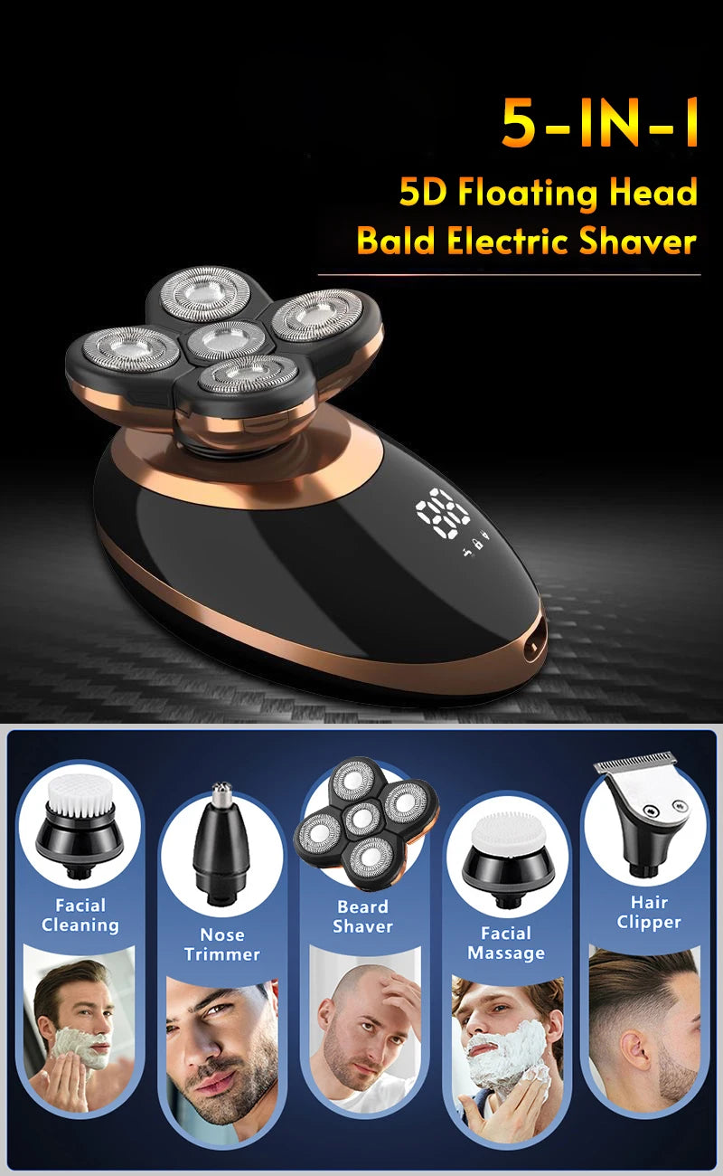 5 In 1 Electric Shaver For Men Bald Head Hair Clipper Nose Trimmer Floating 5 Blade Heads Shaving Beard Knife Rechargeable Razor