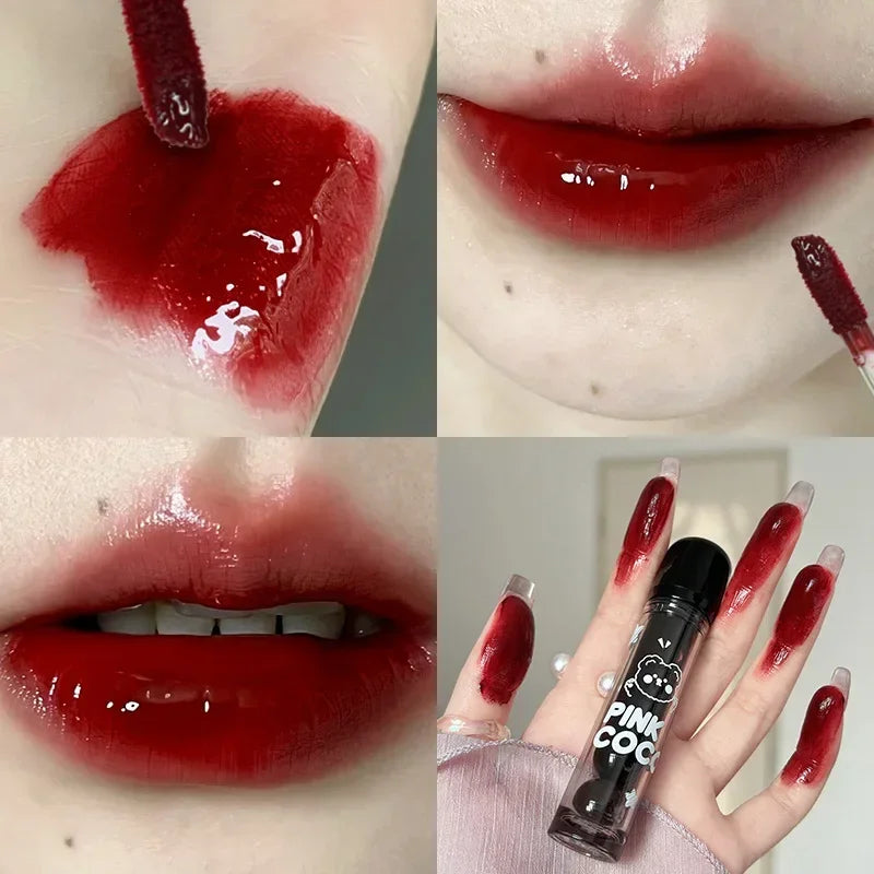 Black Mirror Water Lipgloss – Dark Red Moisturizing Lip Glaze, Long-Lasting, Non-Stick Cup, Fade-Resistant Makeup