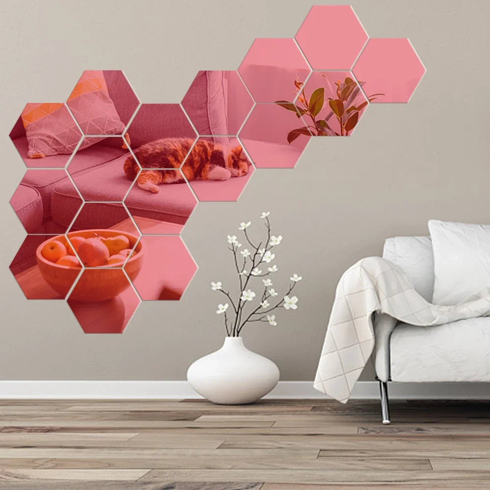 6/12pcs 3D Hexagon Rose Gold Wall Stickers – DIY Mirror Decor for Living Room, Bedroom, or Bathroom