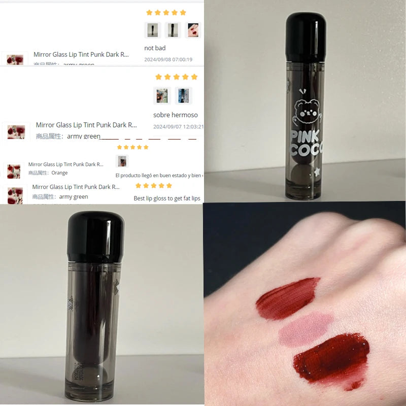 Black Mirror Water Lipgloss – Dark Red Moisturizing Lip Glaze, Long-Lasting, Non-Stick Cup, Fade-Resistant Makeup