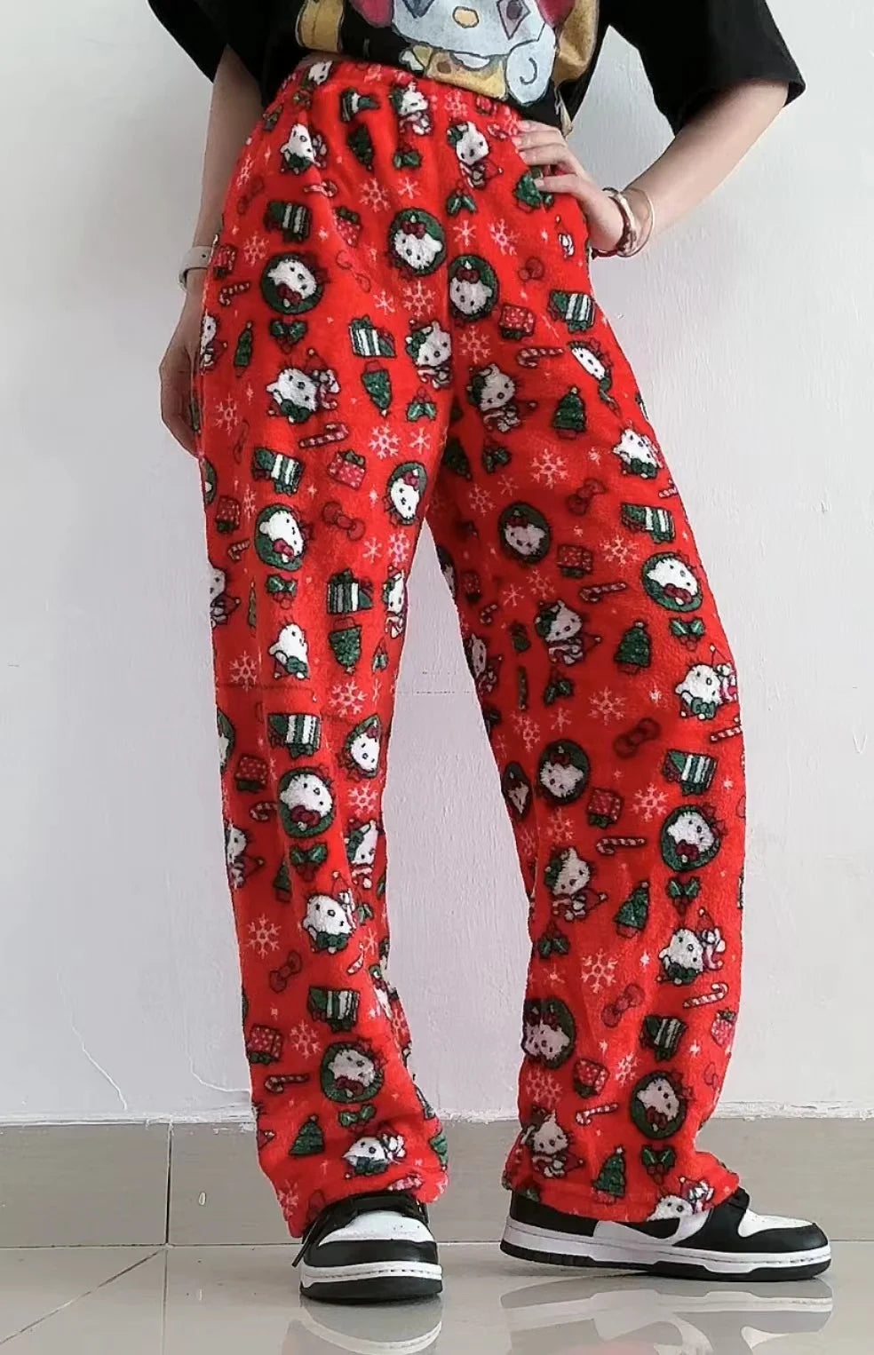 Hello Kitty Y2K Sanrio Pajama Pants – Kawaii Woolen Casual Homewear for Women, Cartoon Halloween Loungewear