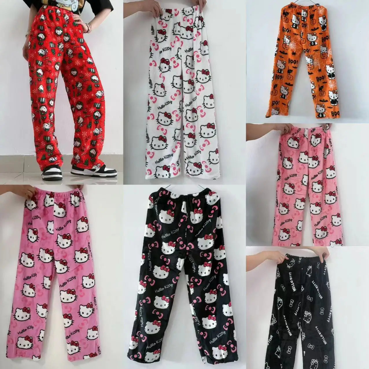 Hello Kitty Y2K Sanrio Pajama Pants – Kawaii Woolen Casual Homewear for Women, Cartoon Halloween Loungewear