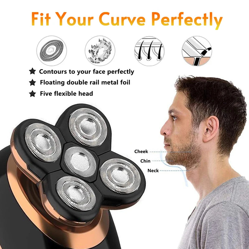 5 In 1 Electric Shaver For Men Bald Head Hair Clipper Nose Trimmer Floating 5 Blade Heads Shaving Beard Knife Rechargeable Razor