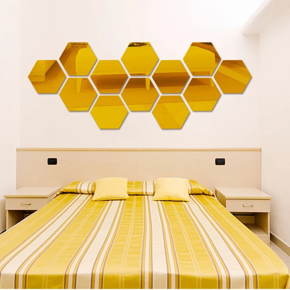 6/12pcs 3D Hexagon Rose Gold Wall Stickers – DIY Mirror Decor for Living Room, Bedroom, or Bathroom