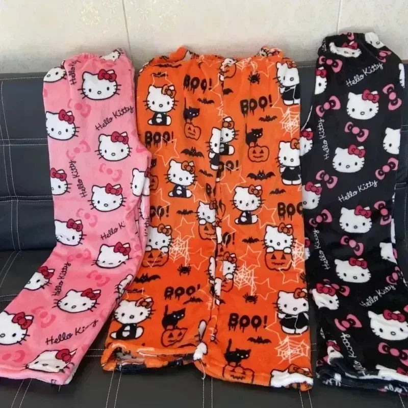 Hello Kitty Y2K Sanrio Pajama Pants – Kawaii Woolen Casual Homewear for Women, Cartoon Halloween Loungewear