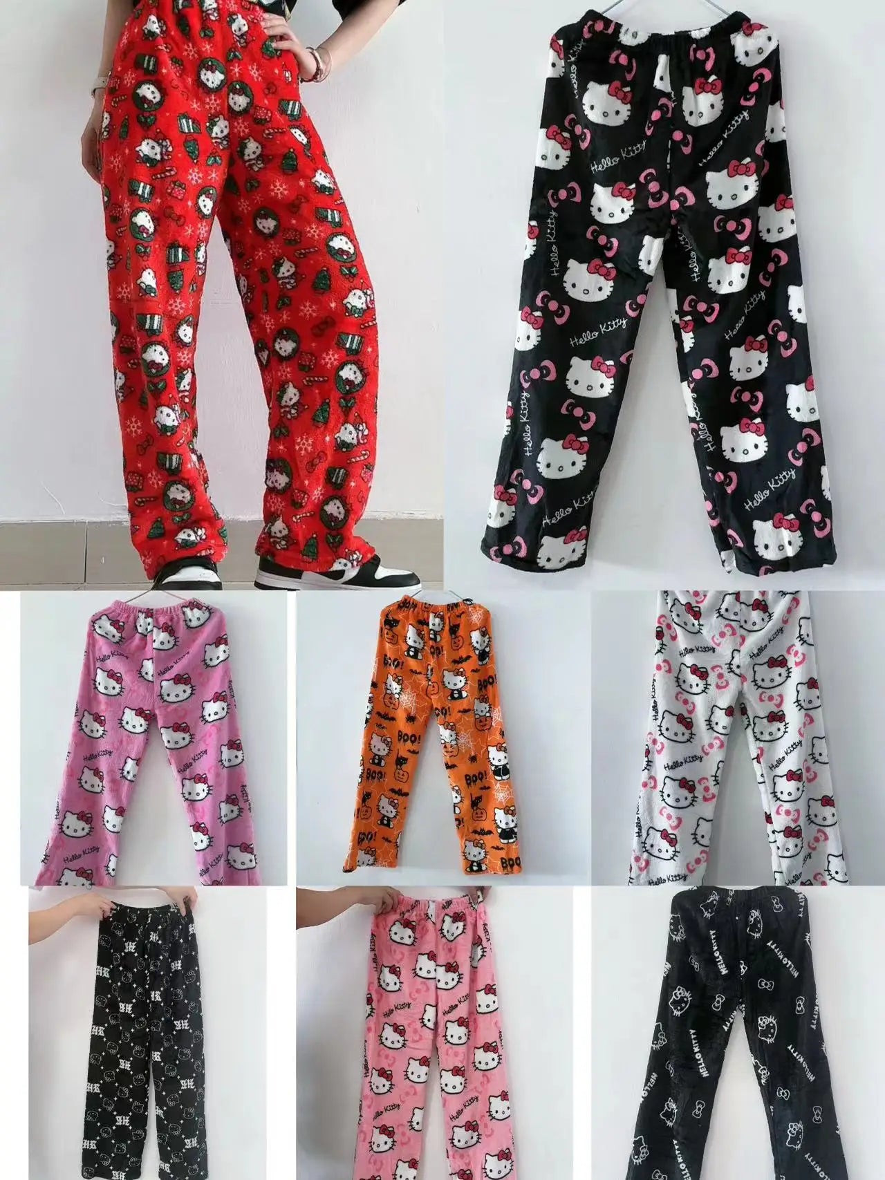 Hello Kitty Y2K Sanrio Pajama Pants – Kawaii Woolen Casual Homewear for Women, Cartoon Halloween Loungewear