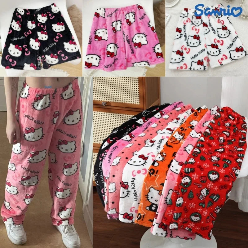 Hello Kitty Y2K Sanrio Pajama Pants – Kawaii Woolen Casual Homewear for Women, Cartoon Halloween Loungewear